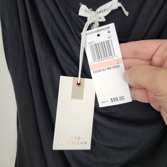 NWT Good American Ruched Adjustable Slit Maxi Dress Size Medium (2) in Black - Picture 11 of 14